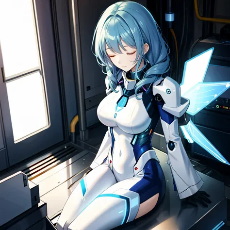 (Sitting and sleeping soundly1:2), (Under maintenance. Tube connected1:2),　 BREAK ***theme；***A mecha girl is in deep sleep during maintenance (connected by code. In the maintenance room)***
BREAK
Number of Characters: **One**
BREAK
Facial Details: **Eyes ...