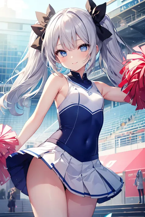 Silver Hair、blue eyes、girl、Small breasts、Twin tails、、girl、Small breasts、Lolita、Bright smile、Looks about 15 years old、Petan Musume、short、目のhighlight、Sexy thighs、Cheerleader、Please show me your armpits、Your eyes are so beautiful、highlight