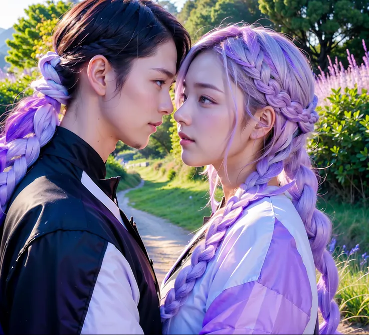 a couple(1 male, 1 woman with purple and white gradient double braids),meet on a country road,face to face,四只眼睛face to face,sunl...