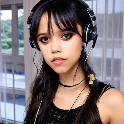 jenna ortega with headphones standing in front of a window, sie hat schwarze haare mit pony, jenna has tears in her eyes running...