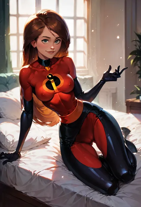 score_9, score_8_up, score_7_up, score_6_up, score_5_up, (high quality, detailed, beautiful), detailed soft lighting, rating_explicit, 1girl, Kim Possible, resting on her bed, looking sexy, beautiful eyes, open eyes, smiling, (Incredibles suit:1.2), (dusk:...