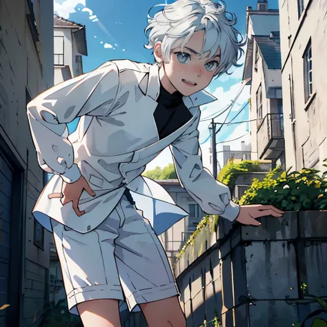 (solo:1.2), white hair,  masterpiece, blue sky, few clouds, grey eyes, cute prince clothes, (puffed long sleeves:1.2), short pants, male focus, male body features, standing，1boy，short detailed hair, shy character，timid character, weak posture, (bending for...