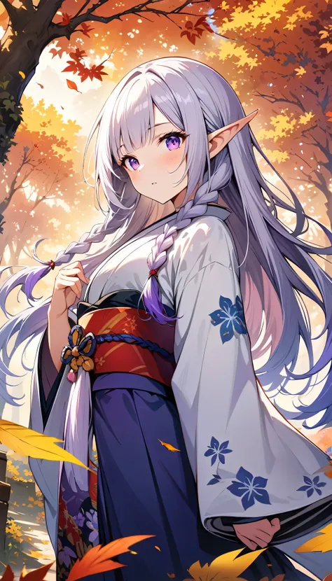 (Ultra-delicate CG Unity 8K wallpaper), (masterpiece), (best quality), 1 Girl, geisha, yinji, purple hair, purple eyes, long hair, white hair, double braids, gradient hair,  kimono, Elf, Pointed ears, ((best quality)), (Super detailed)), Autumn Japanese Fo...