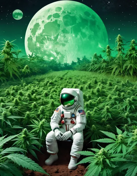 astronaut in a green field with plants and a full moon, sitting in a field of cannabis, space plants, on a lush fertile alien pl...