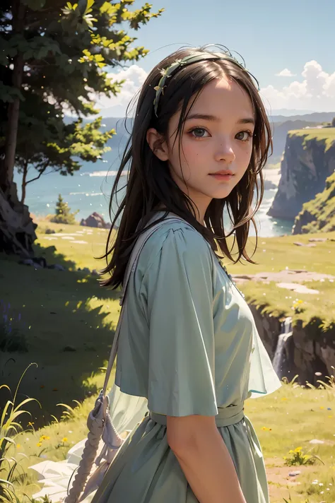 a young woman standing on the edge of a cliff, detailed beautiful face, trending on artstation, lush green grass field, masterpiece quality, HDR, by James C. Christensen and Jeremy Lipking, cyan lighting, cheerful expression, 1 girl