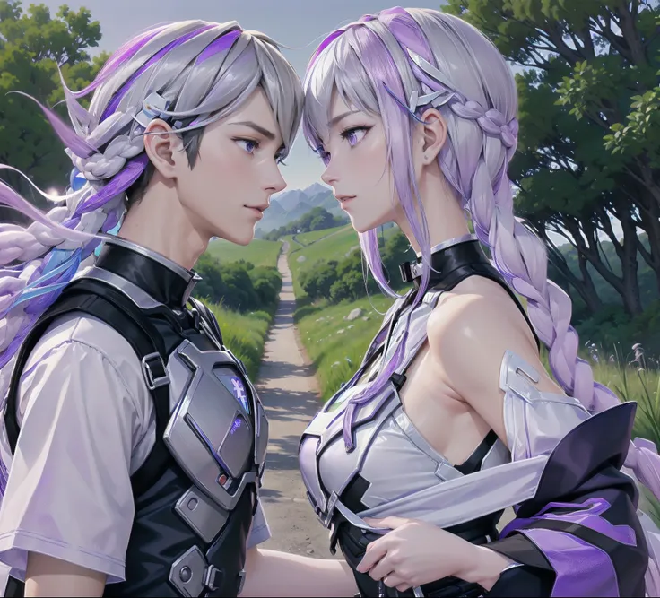 a couple(1 male, 1 woman with purple and white gradient double braids),meet on a country road,face to face,四只眼睛face to face,sunl...