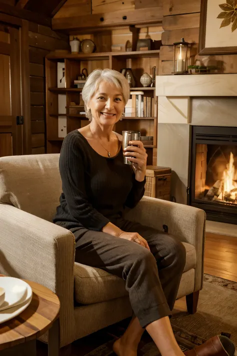 60 year old woman is happy to open a hinged wooden box. She is sitting in an armchair and there is a fireplace with a fire burning.