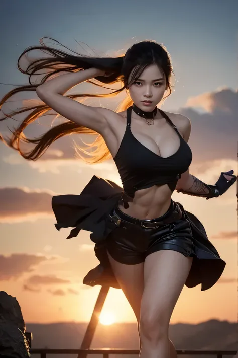 8k,A high school girl holding a long, large Japanese sword,Super Beauty(Like the real thing),muscular and macho figure,Casual clothing,Black shorts,battle,Sharp Eyes,Angry expression,Perfect Anatomy,charm,Volume measurement,Body balance,Digital single-lens...