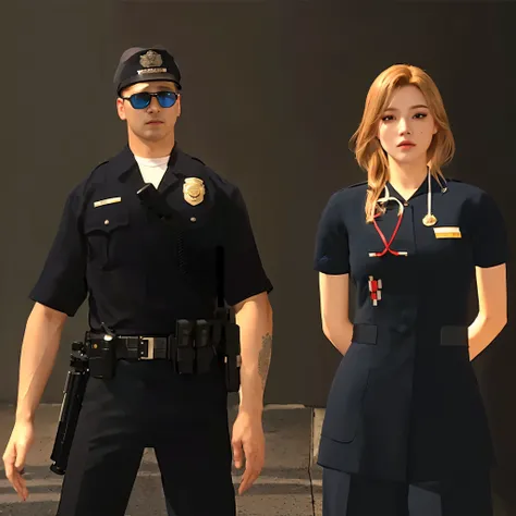 there are two people in uniform standing next to each other, wearing a police uniform, police officers, medium shot of two characters, life simulator game screenshot, second life avatar, police, upper body avatar, police uniform, police officer, wearing rr...