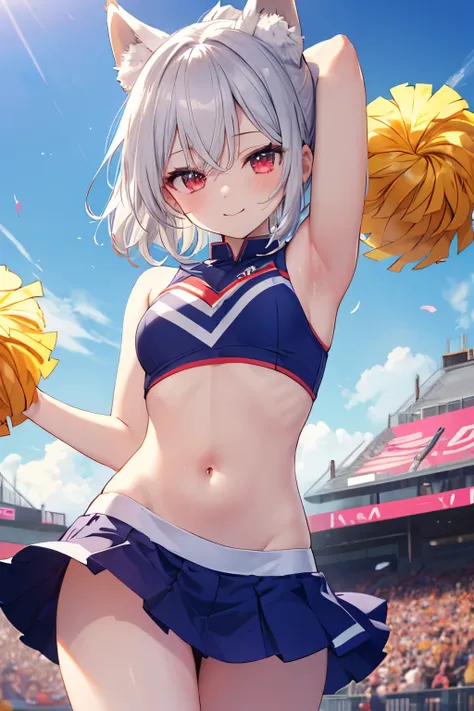 Silver Hair、Red Eye、Fox ears、girl、Small breasts、ponytail、girl、Small breasts、Lolita、Bright smile、Looks about 15 years old、Petan Musume、short、目のhighlight、Sexy thighs、Cheerleader、Please show me your armpits、Your eyes are so beautiful、highlight