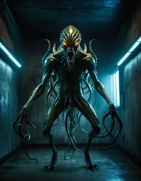 Full body shot of a wicked alien with neon glowing eyes in a corner of a room, roaring, gnarling, mouth salivating, sharp fangs, with a hellishly evil soul, It has long, slimy tentacles that reach out to capture its prey, translucent, haunting, creepy, hor...