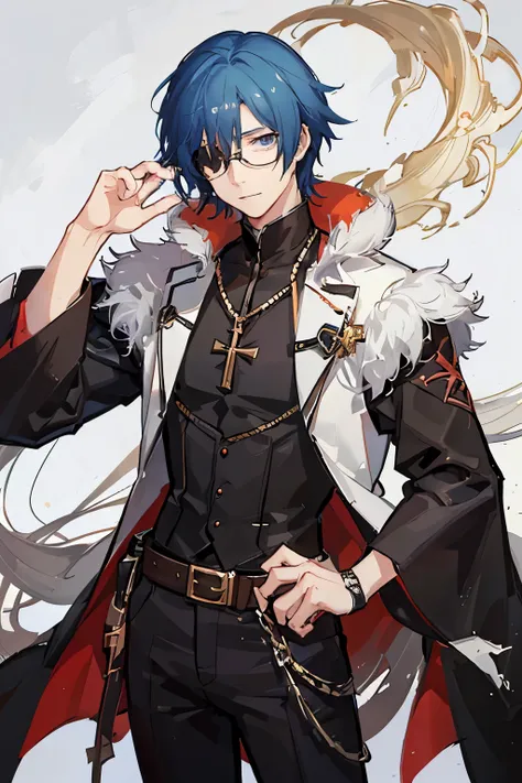 blond haired man with glasses and a black shirt making a hush sign, with index finger, high quality fanart, trigger anime artstyle, handsome anime pose, he wears an eyepatch, tall anime guy with blue eyes, official fanart, key anime art, artwork in the sty...