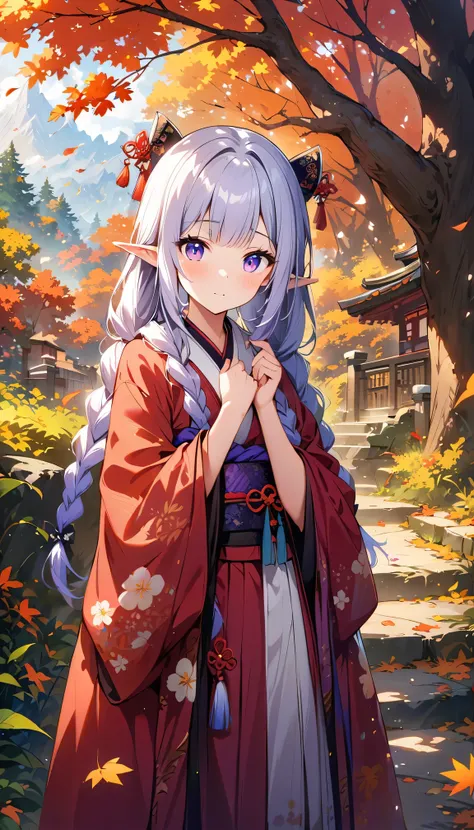 (Ultra-delicate CG Unity 8K wallpaper), (masterpiece), (best quality), 1 Girl, geisha, yinji, purple hair, purple eyes, long hair, white hair, double braids, gradient hair, kimono, Elf, Pointed ears, ((best quality)), (Super detailed)), Autumn Japanese For...