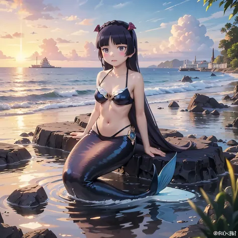 ((ruri gokou)), 1girl, blush, black hair, mole, mole under eye, (shell), scale, tail fin, fairy, water spirit, ocean生物, sea surf...