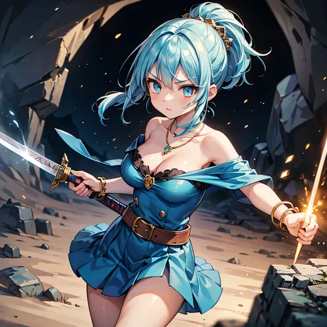 Anime Moe Art Style,highest quality,High resolution,Anatomically correct,One Girl,Mid-teens,A girl with light blue hair in a ponytail,Super detailed,A world of swords and magic,Off-the-shoulder tops,mini skirt,Big Breasts,A rich expression,Serious expressi...