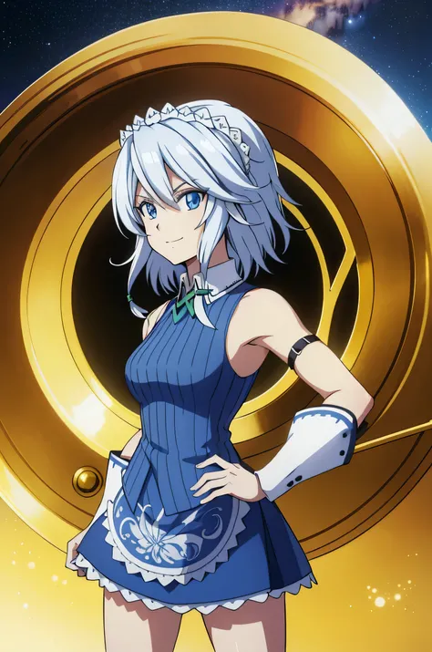 (high-quality, breathtaking),(expressive eyes, perfect face) 1female, female, solo, smiling, warm soft smile, , Venus planet, space background, portrait, upper body, magic, , sakuya izayoi, silver hair, maid dress, white apron, very short skirt, sexy pose...