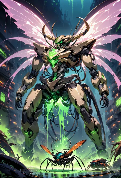 Giant cyborg beetle, bone plates, metal plates, organic and cybernetic, engine with a shaft up to the wings, metal cables and rods, 8-cylinder engine, connects the cylinders with vibrating luminescent cables, bioluminescent liquid, beetle with large horn, ...