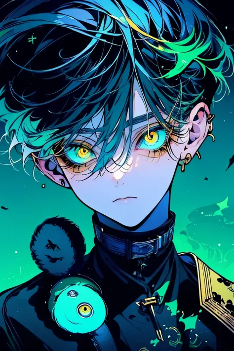 (Tabletop), (highest quality), Very detailed, Boy and cat、Focus Only, Perfect Face, Beautiful Face, Very detailed顔，(Blonde:1.3)，(Glowing golden eyes:1.4)，Black clothes，(Long eyelashes:1.4) 

A beautiful 18-year-old boy and  cat with Blue hair, looking at t...