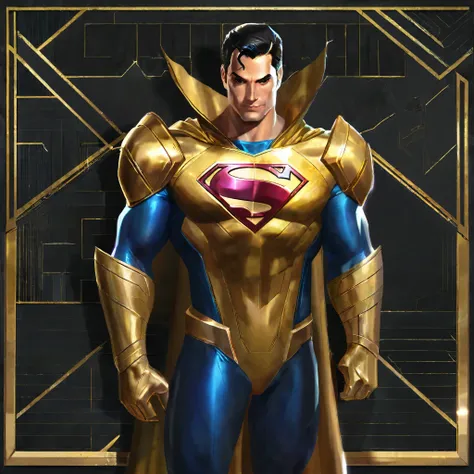 Superman with a gold costume suit, Game Artwork style, highly detailed, perfectly human anatomy, David Corenswet face