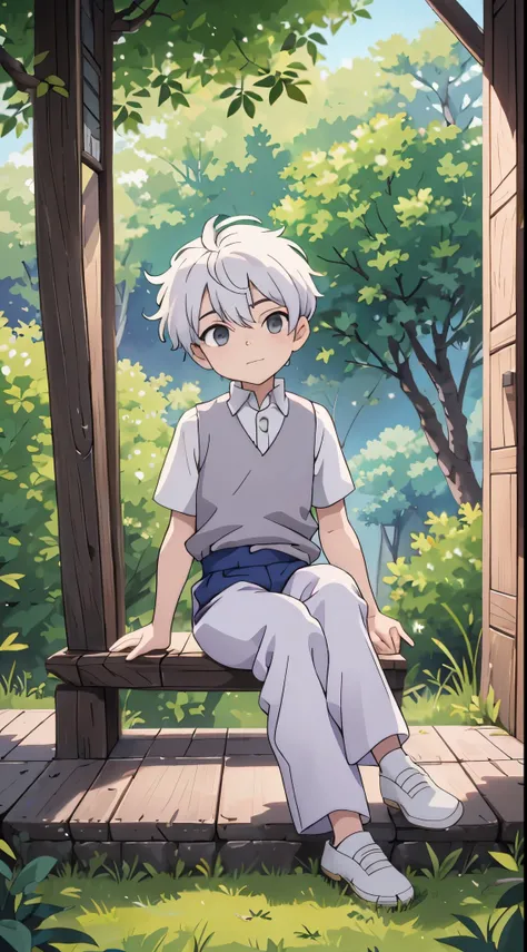 10-year-old boy，(sitting with crossed legs), (tilted head), white hair, grey eyes summer prince clothes, sitting in a tree，parti...