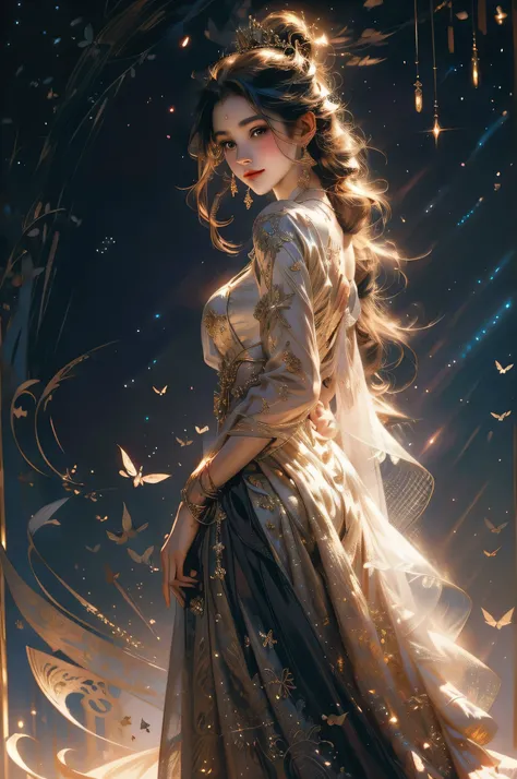 a lone enchanting princess, elegant and detailed, prettily glowing in a breathtaking scene,
in a romantic background of a starry...