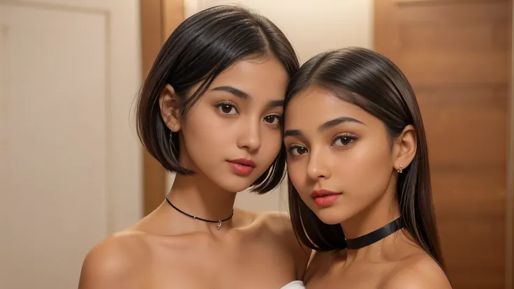 2 girls, (Girl 1(cute white arab woman, 20 years old, round face shape, small nose, thin nose, thin nostril, small nose-tip, beautiful small delicate nose, (very thin) round eyebrows, (very thin eyebrows), perfect thin lips, red lipstick, (big) (round) fem...
