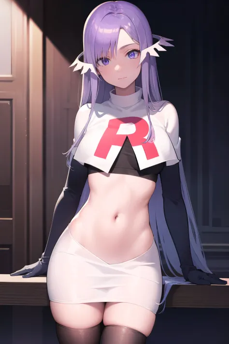 quinella, quinella, absurdly long hair, (purple eyes:1.1), long hair, parted bangs, purple hair, very long hair, hair ornament,
BREAK team rocket,team rocket uniform,white skirt,red letter R,crop top,black thigh-highs,black elbow gloves,
BREAK looking at v...