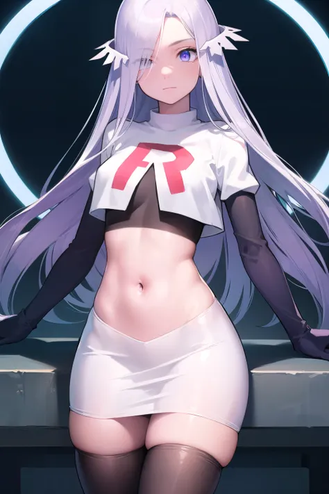 quinella, quinella, absurdly long hair, (purple eyes:1.1), long hair, parted bangs, purple hair, very long hair, hair ornament,
BREAK team rocket,team rocket uniform,white skirt,red letter R,crop top,black thigh-highs,black elbow gloves,
BREAK looking at v...