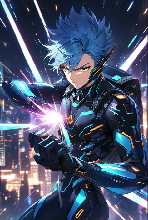 a dynamic male character in a futuristic black and blue cyber suit with glowing led lines, short spiky blue hair, and sharp gree...