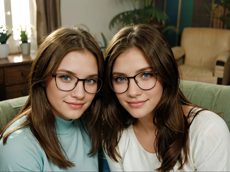 Two sisters, a blonde with green eyes and glasses and a brunette with blue eyes, smile for a photo in their living room