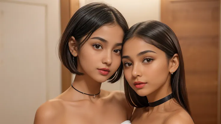 2 girls, (Girl 1(cute white arab woman, 20 years old, round face shape, small nose, thin nose, thin nostril, small nose-tip, beautiful small delicate nose, (very thin) round eyebrows, (very thin eyebrows), perfect thin lips, red lipstick, (big) (round) fem...