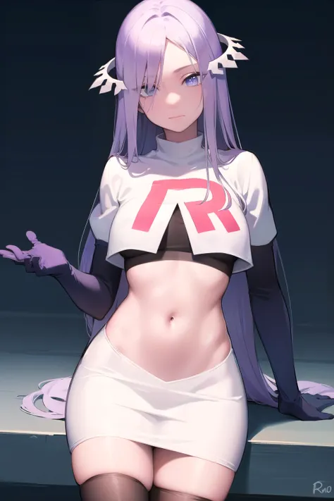 quinella, quinella, absurdly long hair, (purple eyes:1.1), long hair, parted bangs, purple hair, very long hair, hair ornament,
BREAK team rocket,team rocket uniform,white skirt,red letter R,crop top,black thigh-highs,black elbow gloves,
BREAK looking at v...