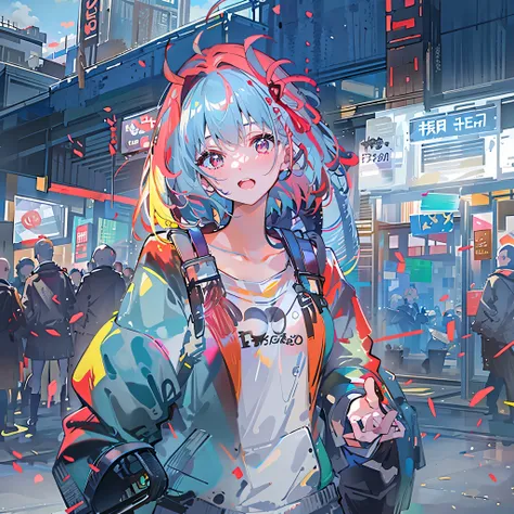 8K resolution、((top-quality))、((masterwork))、((ultra-detailliert))、1 woman、solo、incredibly absurdness、Oversized Hoodies、white earphone、street、plein air、Sateen、neons、Shortcut Hair、blue Hair Brightly colored eyes、Hands in pockets、shortpants、really cute 