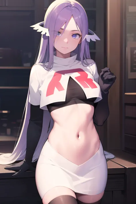 quinella, quinella, absurdly long hair, (purple eyes:1.1), long hair, parted bangs, purple hair, very long hair, hair ornament,
BREAK team rocket,team rocket uniform,white skirt,red letter R,crop top,black thigh-highs,black elbow gloves,
BREAK looking at v...