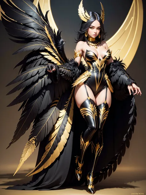 Anthro avian female, black and gold feathers, gold eyes, harpy legs, wearing black and gold thigh highs