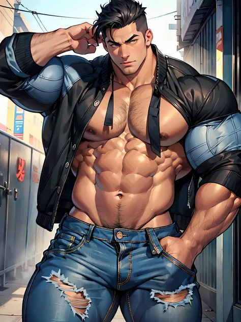 Muscular young man Teenage dream detailed face, realistic eyes, idiot, athlete, Tremendously huge and mega muscular Beefcake, black hair, grayish blue ones, gigantic thick thighs, big colossal ass, blue jeans, black high school jacket with no shirt, tight ...