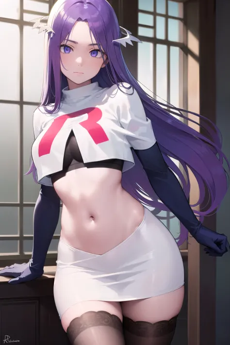 quinella, quinella, absurdly long hair, (purple eyes:1.1), long hair, parted bangs, purple hair, very long hair, hair ornament,
BREAK team rocket,team rocket uniform,white skirt,red letter R,crop top,black thigh-highs,black elbow gloves,
BREAK looking at v...