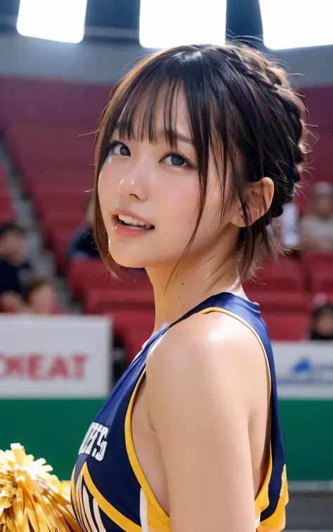 nsfw,realistic: 1.4, highest quality, 8k,wet:1.3, ( 20-year-old, cheerleader、sportswear, sweat: 1.2, black hairの), fine skin, (c...