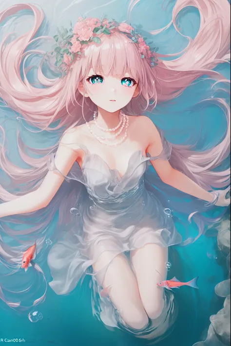 (((pearl pink hair,emerald pupils))),((beautiful and detailed)),(blushing), (geometric:1.1),(((under the water,in the ocean,bubbles,fish))), ((1girl,amazing,adorable girl,solo,arms down)),(Masterpiece,Best quality, offcial art,fractal art, Beautiful and ae...