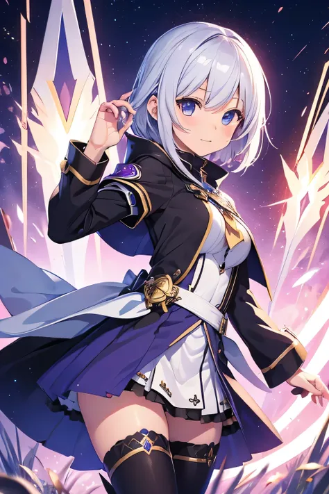 (masterpiece, best quality), 1girl, assaultlily Suzume, 1girl, solo, Nepgear Mage Outfit, short hair, Lapis eyes, white hair