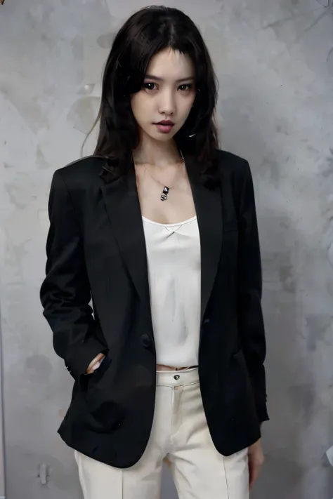 photorealistic,realistic, solo, photorealistic, best quality, ultra high res, diamond stud earrings, long straight black hair, hazel eyes, serious expression, slender figure, wearing a black blazer and white