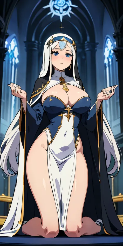 A stunning nun with long, flowing silver hair and piercing blue eyes, wearing an intricate white and gold habit. She holds a delicate rosary and stands in a grand cathedral, exuding an aura of divine grace and wisdom. big tits, deep cleavage, slim and bare...