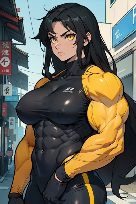 (((((muscular 1 girl))))), huge breasts, toned body, black hair, pale skin, yellow eyes, very long hair, skintight suit