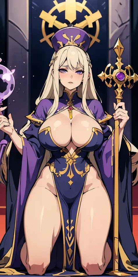 A regal and dignified archbishop with platinum blonde hair and striking violet eyes, wearing a richly adorned habit with gold embroidery. She stands with a staff in hand, ready to lead her congregation with authority and compassion. big tits, deep cleavage...