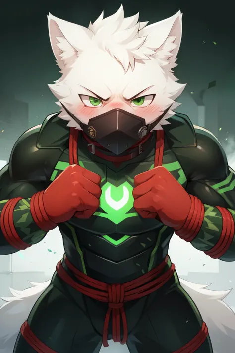 White Wolf，angry，blush，Future Warrior，Black and green battle suit，Green eyes，（Tight），Collar，muscle，Half face mask，（Constraints），Handcuffs，Red rope tied limbs，captivity。