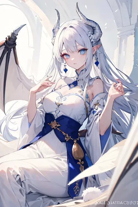 ((best quality)), ((masterpiece)), (detailed), Perfect face，Exquisite eyes，Delicate fingers，Royal sister，Dragon Lady，White long hair，White pupil，White dragon horns on the head，White dragon wings behind，White dragon tail，Western style classical long skirt
