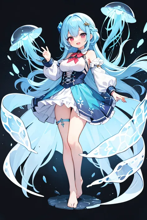 1girl, solo, (Petit, Transistor Glamour, loli), big breast bulge, red eyes, Transparent light blue hair like a jellyfish, long hair, braid, A colorless, transparent skirt like a jellyfish, Transparent, colorless, cute clothes, Colorful jewels on the hem of...