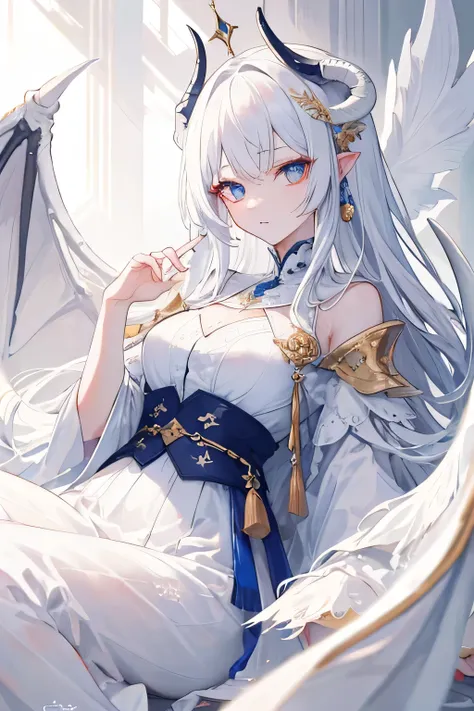 ((best quality)), ((masterpiece)), (detailed), Perfect face，Exquisite eyes，Delicate fingers，Royal sister，Dragon Lady，White long hair，White pupil，White dragon horns on the head，White dragon wings behind，White dragon tail，Western style classical long skirt
