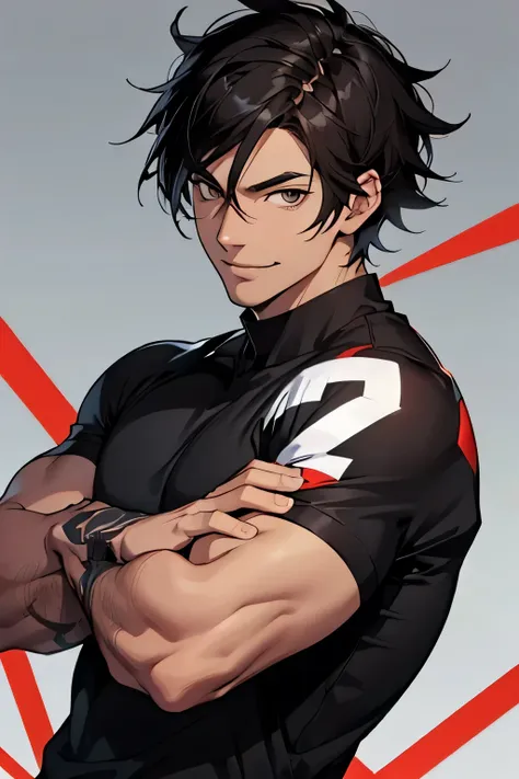 man, white skin, smile, strong, black hair, anime style, style, dark brown eyes, slim, athletic, black shirt, laboratory background