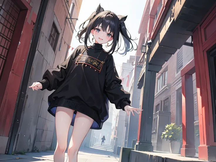 4K photo of an 18 year old girl with dark black hair, a black sash, wearing a girls sweater outfit.  Walking in the shrine with joy and smiles